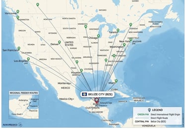 Direct flights from America to Belize map