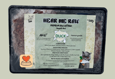 Image of Hear Me Raw's Duck complete raw cat food found at Kitty's Rawr Store