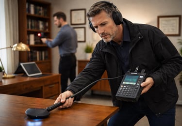 Professional TSCM technician using a bug detector to sweep an office for hidden listening devices.