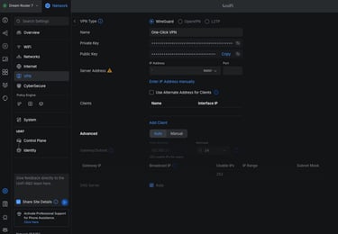 Instellingen menu van uniFi om een VPN-server te configureren.