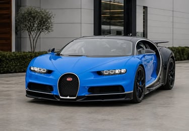 bugatti azul em ambiente de showroom externo moderno com fundo neutro e arquitetura contemporânea
