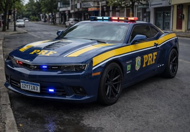 carro de polícia esportivo no Brasil modelo Camaro da PRF em rua urbana com giroflex ligado