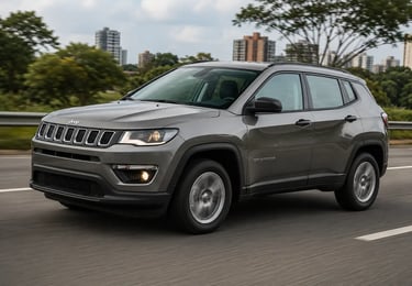 Jeep Compass cinza em movimento na rodovia