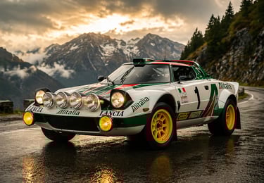 carros de rally Lancia Stratos HF em estrada de montanha com visual clássico e faróis auxiliares ace