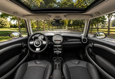 Interior de Mini Cooper com teto solar e vista para área verde ao fundo.