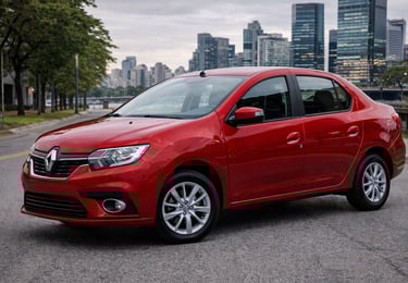 sedans aspirados até 65 mil Renault Logan 2023 vermelho de frente em cidade urbana