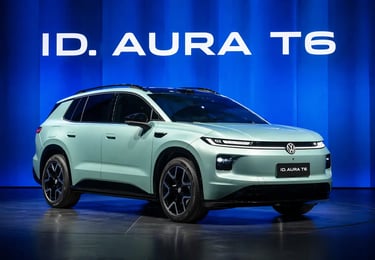 Volkswagen ID Aura T6 em apresentação oficial com fundo azul e design futurista em destaque