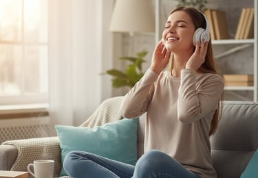 Uma mulher sentada em um sofá ouvindo música.