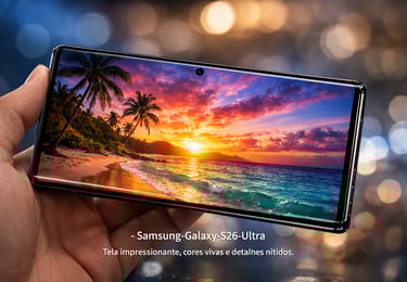 O Samsung Galaxy S26 Ultra exibe uma vibrante cena de pôr do sol tropical em uma praia