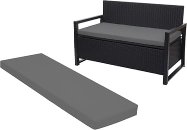 Black wicker garden storage bench with grey cushions for outdoor patio seating.