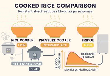 Rice cooker and fridge stored rice for better blood sugar control and diabetes friendly healthy diet