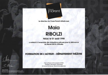 Diplôme de Théâtre du Cours Florent de Paris décerné à Maia Ribolzi