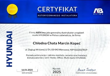Certyfikat upoważniający do montażu i serwisowania urządzeń klimatyzacyjnych firmy Hyundai