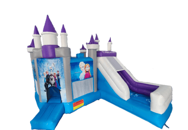 Purple and blue Frozen themed inflatable bounce house with slide for kids party rentals.