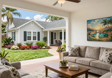 A charming tropical home nestled among lush greenery with a private garden and outdoor lanai.