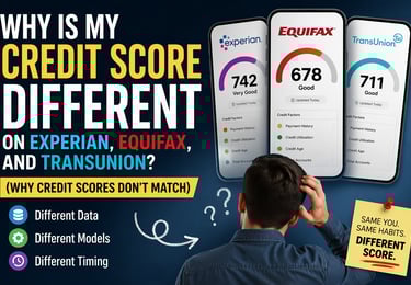 Comparison of different credit scores from Experian, Equifax, and TransUnion on mobile screens.