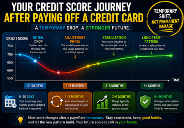 Credit score timeline showing temporary drop after paying off credit card followed by recovery and s