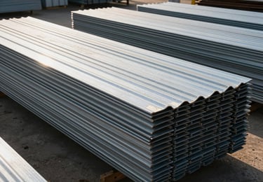 Corrugated roof sheets stacked in an open warehouse yard under afternoon sun, metal surface catching light, wide shot showing quantity, no people