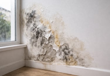 Síntomas de humedad por filtración con moho, manchas y pared deteriorada junto a ventana