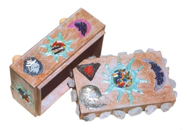 upcycled wooden tea box decorated with painted designs, beads and quartz crystal chunks