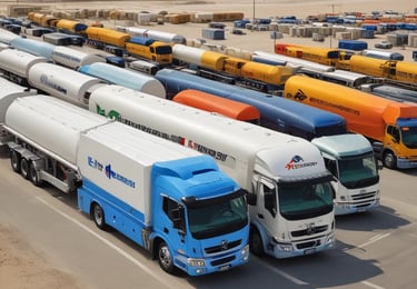 Oil and water tankers lined up ready for deployment in the Abu Dhabi region.