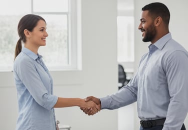 Two business professionals, a woman and a man, smiling and shaking hands in a well-lit office hallway.