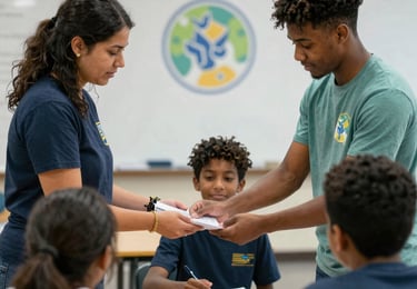 A caring mentor helping a foster youth with homework in a cozy, welcoming setting.