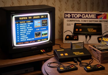 Vintage Hi-Top Game console connected to a Sony CRT TV displaying a 99-in-1 retro gaming menu.