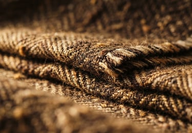 Macro shot of folded premium textiles showing detailed cotton thread weaves, warm natural side-light, rich brown and gold tones, shallow depth of field, 35mm editorial photography