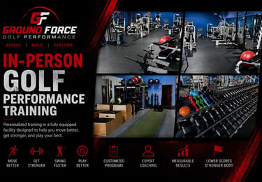Ground Force Golf Performance training facility with weight sets and specialized fitness equipment.