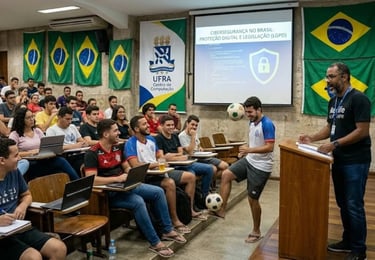 Professor de cibersegurança em faculdade brasileira dá aula enquanto alunos jogam futebol e se divertem em sala de aula.