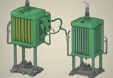 A sleek industrial transformer unit illuminated with steel-green lighting against a dark, textured background.