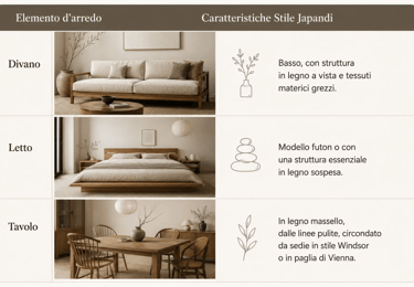 Tabella elementi d'arredo e caratteristiche dello stile Japandi