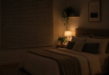 Cozy bedroom interior at night featuring a warm bedside lamp, indoor plants, and a comfortable bed.