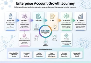 Diagram showing the six stages of the Shilron enterprise account growth journey for logistics organizations.