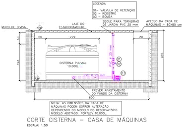 Corte detalhado da casa de maquinas de cisterna em edifício de alto padrão