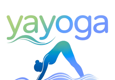 logo . illustration femme faisant une pose de yoga sur une vague bleu