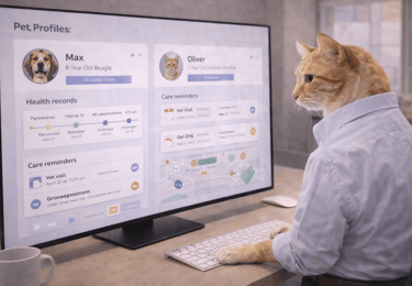 A cat wearing a shirt uses a computer to manage pet health records and vet reminders.