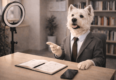 A dog wearing a suit and a tie sitting at a desk with a ring light and smartphone.