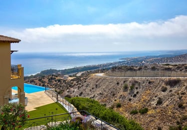Panoramic terrace view of the Mediterranean Sea at Theseus Retreat holiday rental in Aphrodite Hills, Cyprus