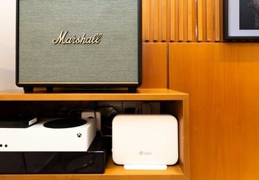 Entertainment area with Marshall speaker, Xbox and fibre internet at Theseus Retreat holiday rental