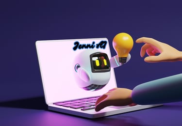 a robot holding a light bulb over a laptop with jenni ai on the screen