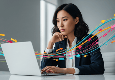 Person at computer with strategic visuals.
