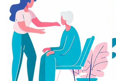 a woman in a chair with a woman helping her
