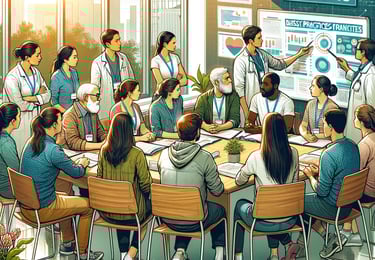 a group of people sitting around a table listening a teacher