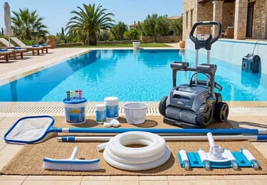A collection of pool cleaning supplies and a robotic pool cleaner displayed by a luxury outdoor swim