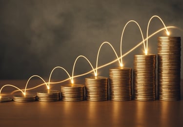 Wealth building concept with growing coins for investing, trading, and profits