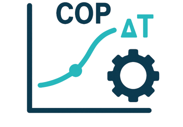 Ícone de gráfico técnico com indicadores COP e ΔT representando cálculo de performance e análise com
