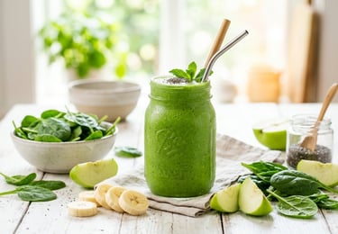 Vaso de cristal con un batido verde brillante y cremoso, rodeado de hojas de espinaca fresca, plátano y manzana verde