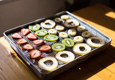 Bandeja de rejilla llena de rodajas de manzana, kiwi, plátano y fresas deshidratadas con colores vivos sobre una mesa